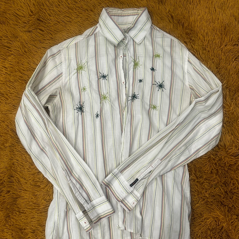 Energie White Striped Shirt with Green and Blue Embroidery
